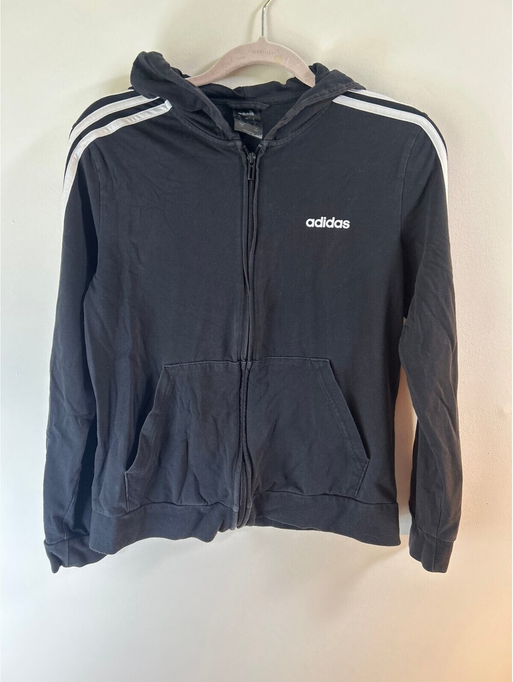 Adidas Essentials 3 Stripe Full Zip Hoodie Black White Women's Large